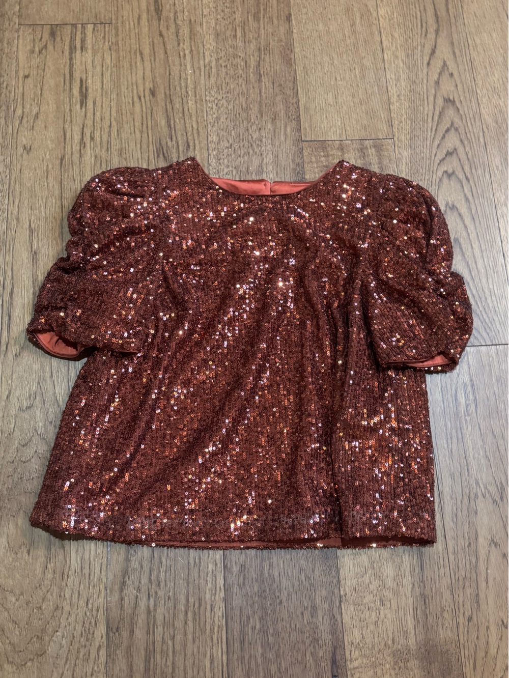 Anthropologie Copper Sequin Puff-Sleeve Blouse